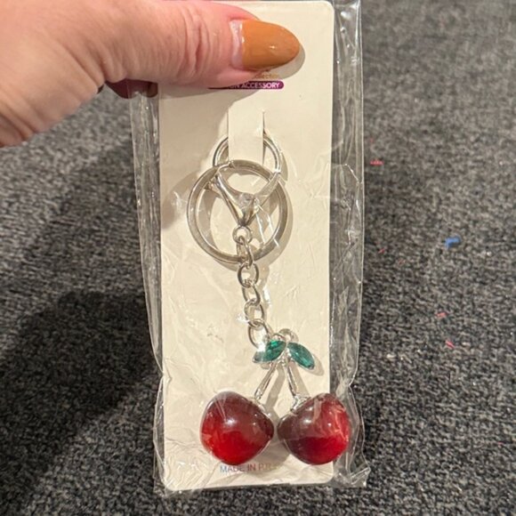 Dark Red Cherry & Green Rhinestone Leaf Keychain/Bag Charm (NWT) - Picture 6 of 6